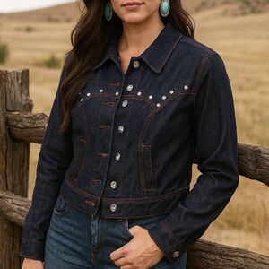 Unique Vintage Dark Denim rhinestone Western Boxy Crop Jacket M